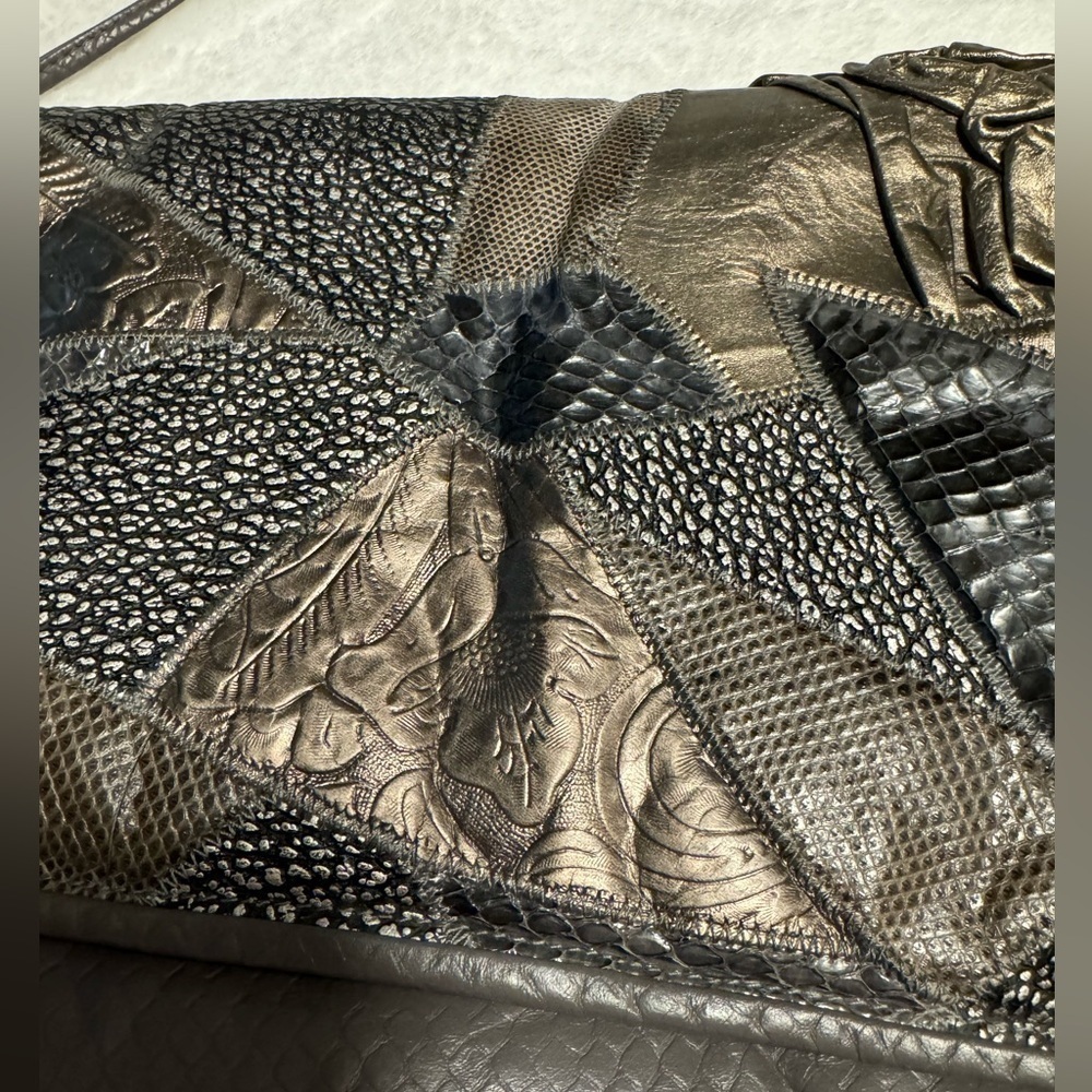 VTG Bags By Pinky Woven Patchwork Leather Shoulder Purse Metallic USA 80’s 90’s - Picture 15 of 16